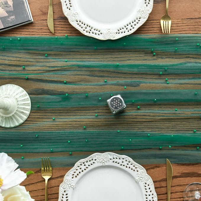 Artoid Mode 3PCS Pearl Dark Green Gauze Table Runner 120 Inch 10FT, Seasonal - Image 2