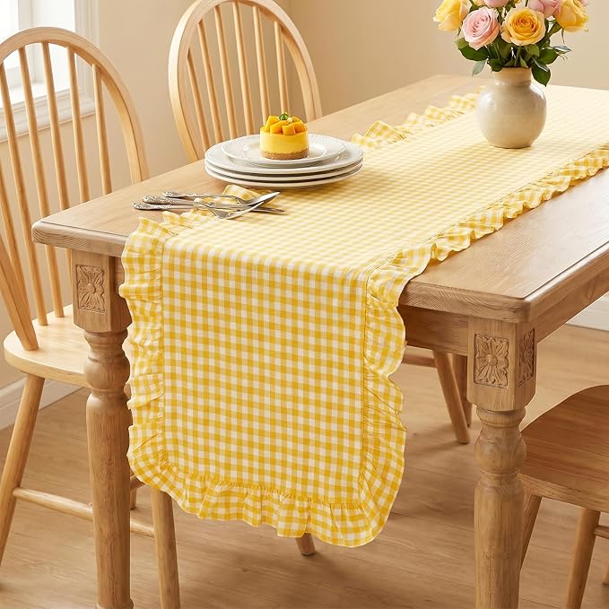 Eternal Beauty 14x120 Gingham Ruffle Table Runner, 100% Washed Cotton Plaid by EternalBeauty