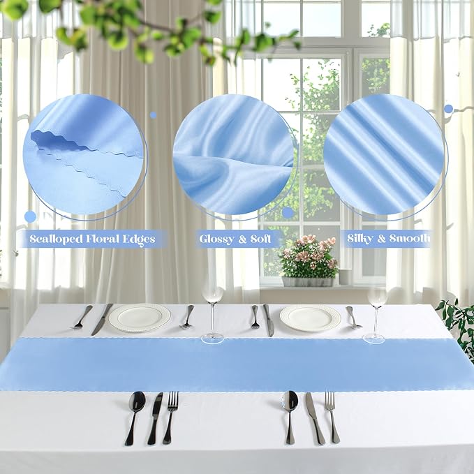VACVELT Light Blue Satin Table Runners, 12x72 Inch, 2 Pack, Scalloped Edge | - Image 6