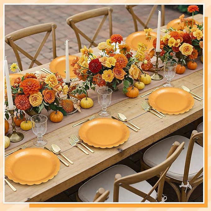 NatNarr 30 Pk Orange Plates 9" Scalloped Fall Thanksgiving Dessert Plates | - Image 5