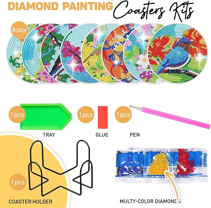 8 pcs Diamond Painting Coasters | Diamond Art Coasters | Birds Diamond Art - Image 5