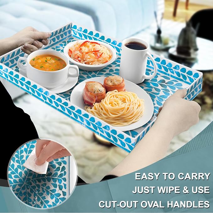 Plastic Serving Tray with Handles, Rectangle Blue Decorative Tray | Coffee - Image 3