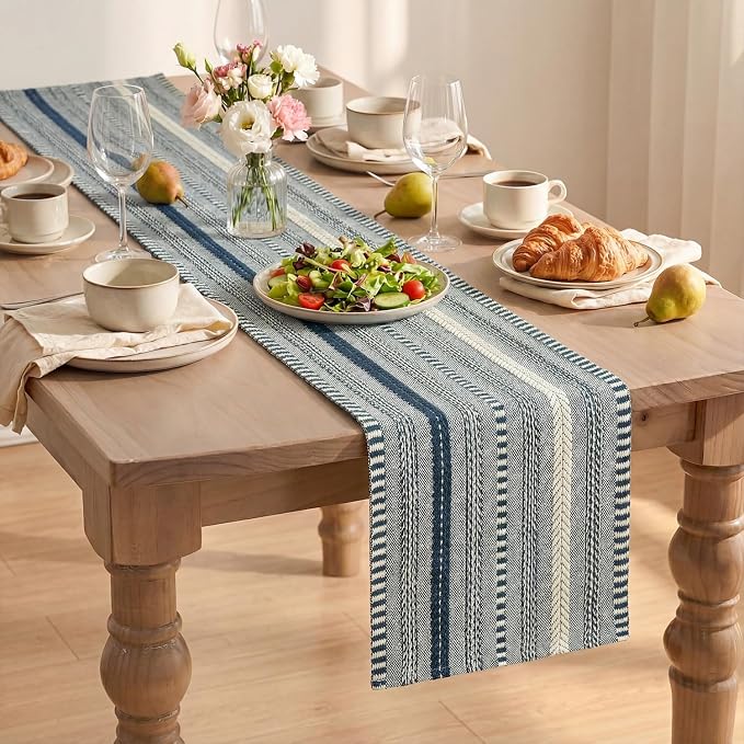 Artoid Mode Dark Blue Farmhouse Stripe Braided Table Runner 12x48 Inch | - Image 8