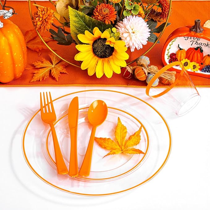 SUT 350Pcs Orange and Clear Plastic Dinnerware Set - Image 4