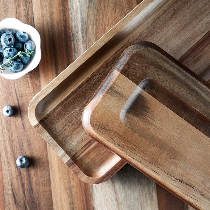 Set of 3 Solid Acacia Wood Serving Trays Rectangular Wooden Serving Platters - Image 3