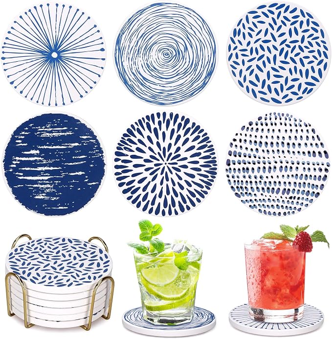 Absorbent Coasters Set of 6 Round Ceramic Coasters by Dksyee