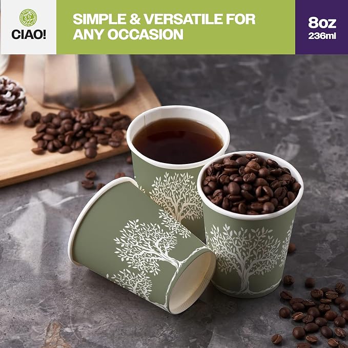 CIAO! 8oz Paper Hot Cup, Rooted Olive Print - Image 6