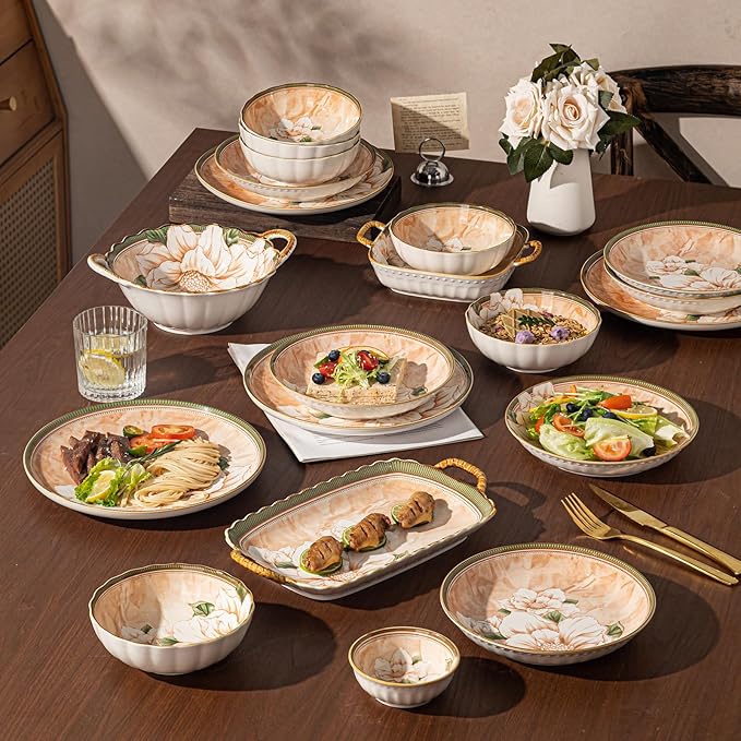 Ceramic Dinnerware Set, Floral Plates and Bowls Sets, Microwave & Dishwasher - Image 5