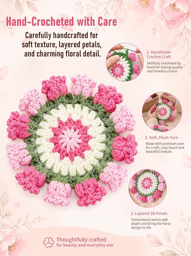 Crochet Flower Bouquet Coasters, Cotton Tulip Gifts - Image 4
