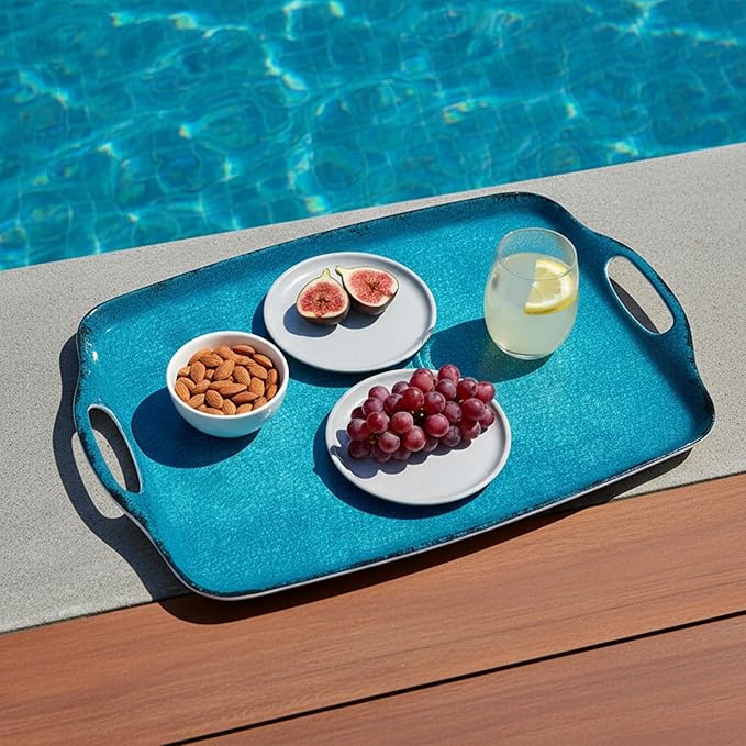 TP Melamine Serving Trays with Handles, Retro Teal | Large Rectangular Trays - Image 4