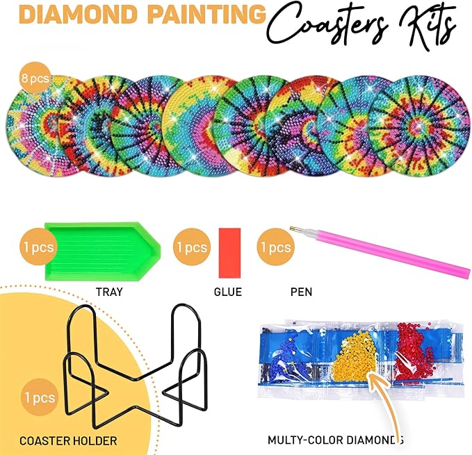 8 pcs Diamond Painting Coasters | Diamond Art Coasters | Tie Dye Diamond Art - Image 2