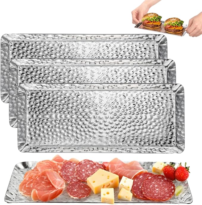 4 Pcs Hammered Silver Tray, Small Stainless Steel Appetizer Platter | 9.8 Inch by Nagpew