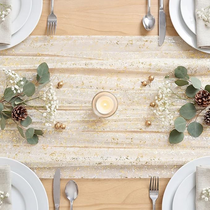 Artoid Mode Beige Gold Gauze Table Runner 59x120 Inch 10FT, Glitter Metallic - Image 4
