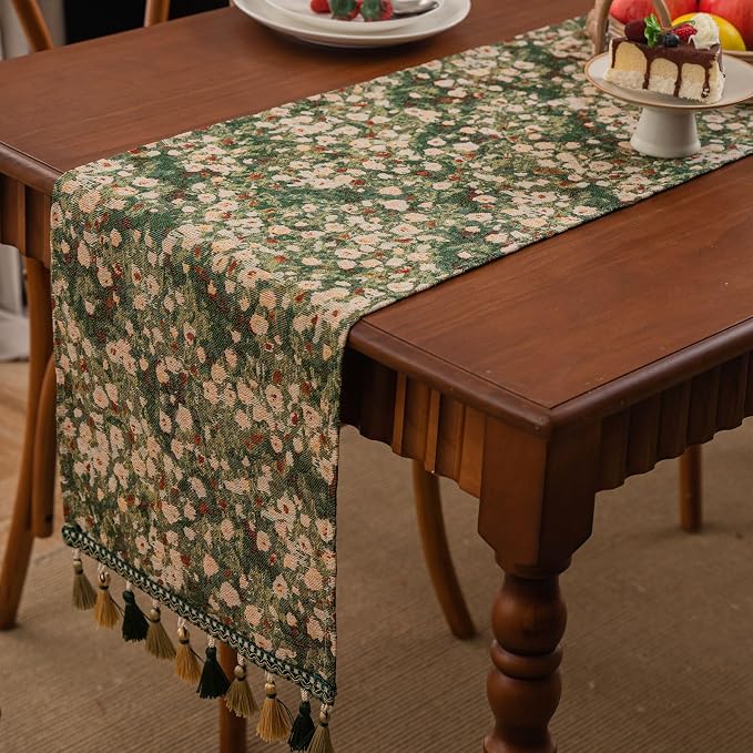 Ditsy Floral Table Runner Daisy Green 13 x 94 Inch | Jacquard Weave Pattern - Image 3