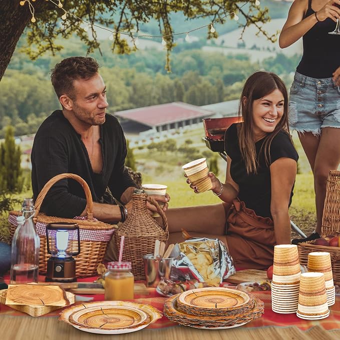 Kochorie 96 Pieces Camping Wood Grain Slice Tableware Set Rustic Wood Party - Image 7