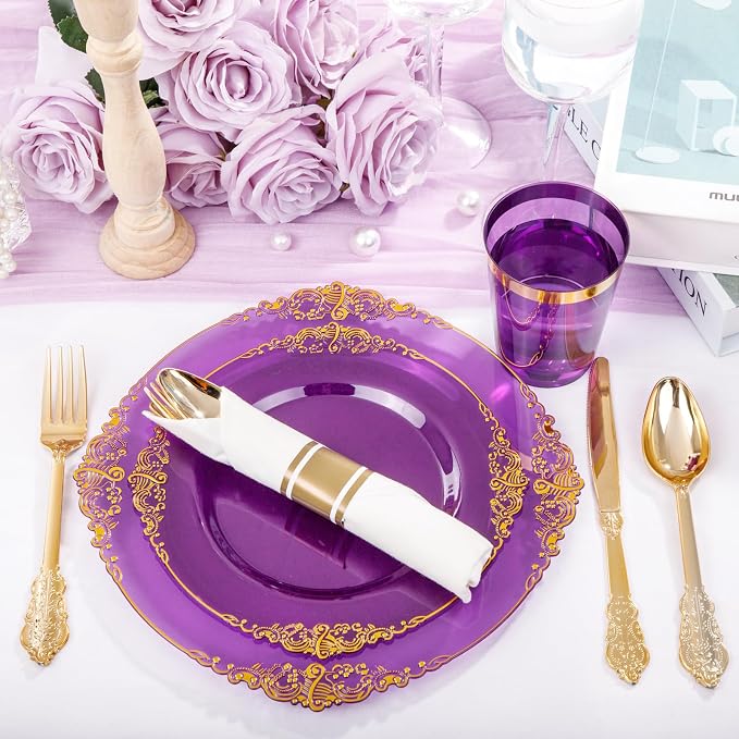 210 Pcs Purple Gold Plates for Party | Purple Party Plates Set for 30 Guests - Image 4