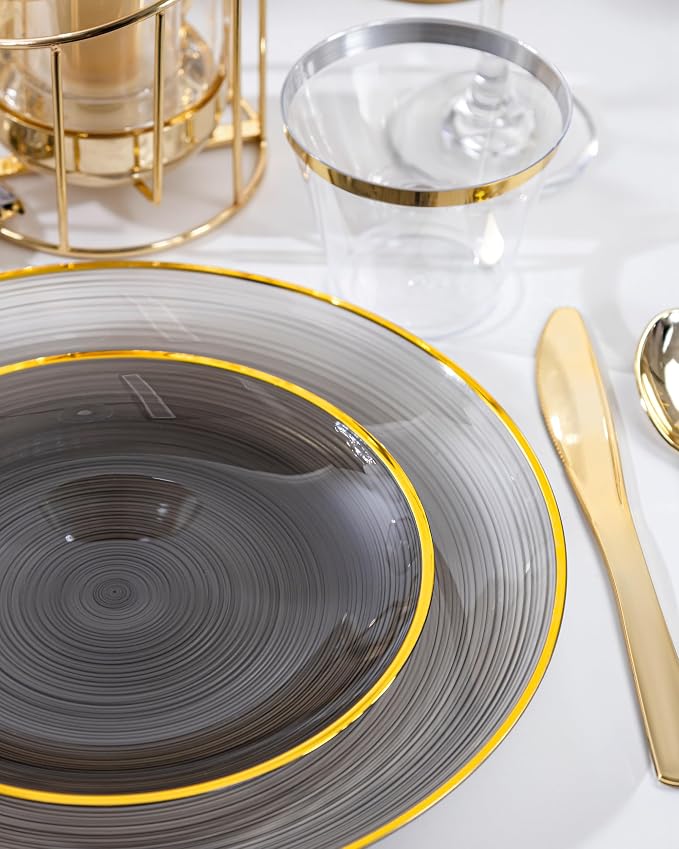 Morejoy 60Pcs Black Plastic Plates, Modern swirl design Plates Include 30 - Image 4