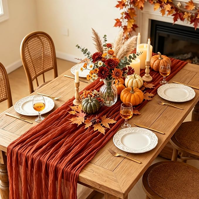 Fall Table Runner, 10FT Thanksgiving Terracotta Cheesecloth Table Runner - Image 3