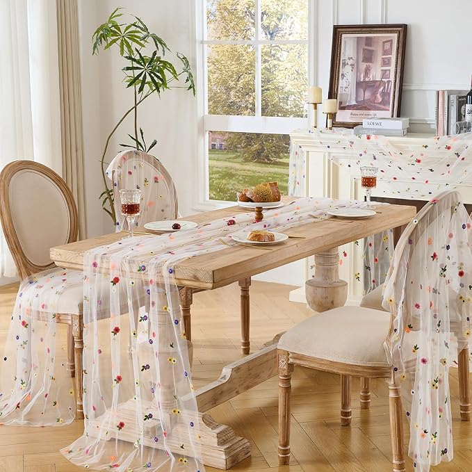 BINBE 3pcs Ivory Daisy Spring Table Runner Embroidery Gauze 10FT Florals - Image 6