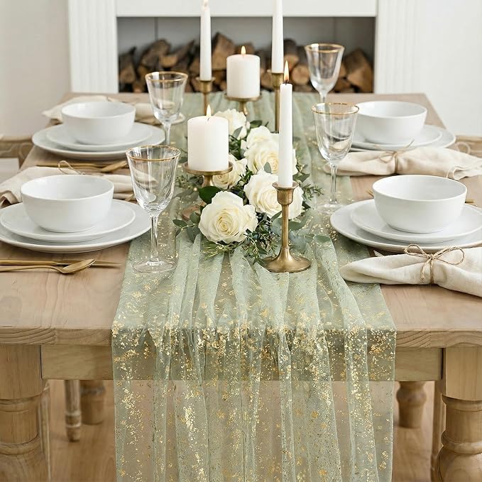 Artoid Mode Sage Green Gold Gauze Table Runner 59x120 Inch 10FT, Glitter - Image 4