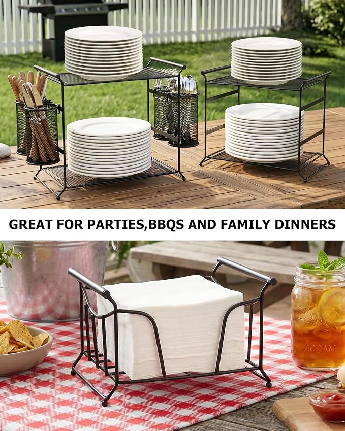 HULISEN 3-Tier Buffet Caddy, 7-Piece Paper Plate & Utensil Holder - Image 7