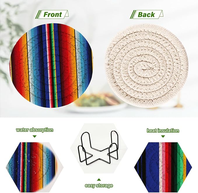 YETTASBIN Mexican Blanket Stripes 6 Pcs Drink Coasters - Image 4