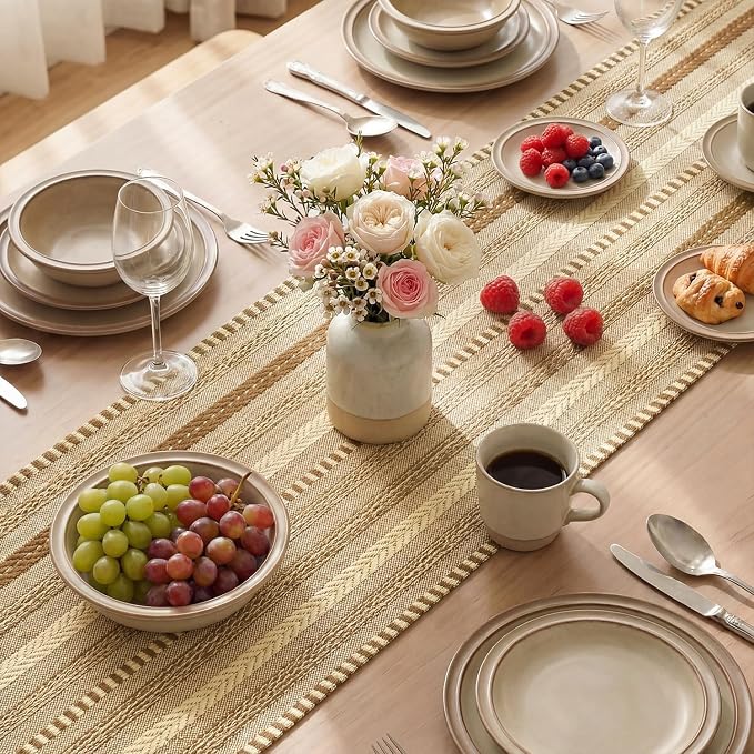Artoid Mode Coffee Farmhouse Stripe Braided Table Runner 12x120 Inch | Holiday - Image 4