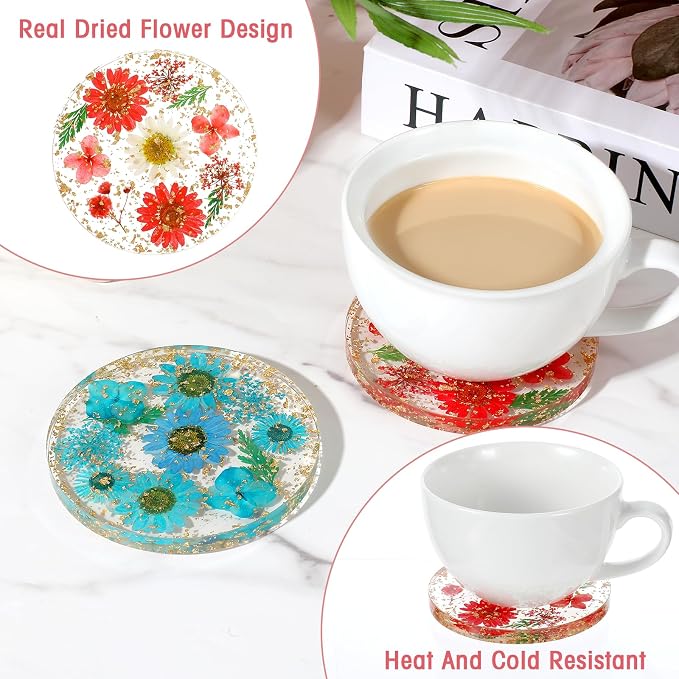 Amabro Dried Flower Drink Coasters, Floral Resin Drink Cup Mat Set of 2 - Image 5