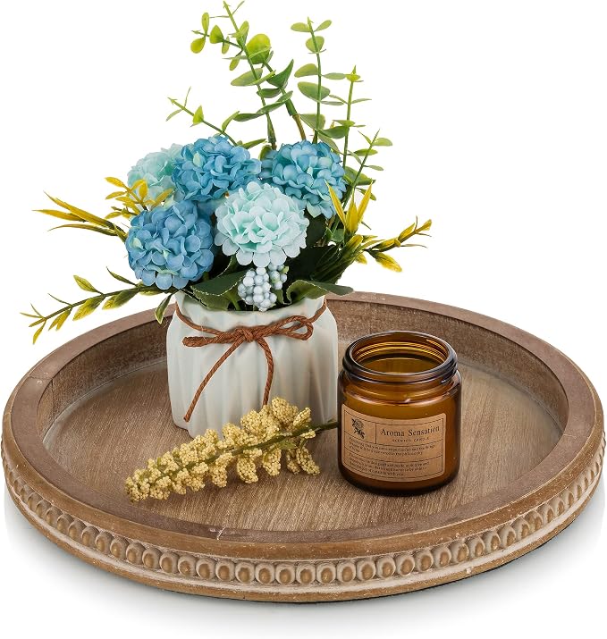 Hanobe Round Wooden Tray Decor for Coffee Table, Decorative Candle Plate | by Hanobe