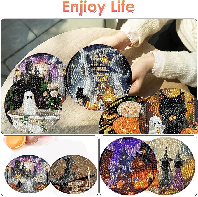 ijbnhd 8 Pcs Halloween Diamond Art Coasters Kits | Halloween Diamond Painting - Image 2