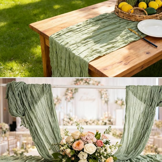 10 Pack Sage Green Cheesecloth Table Runner 22x120 Inch Boho Gauze Table Runners - Image 9
