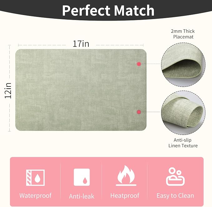 Maxpearl Faux Leather Placemats Set of 6, Light Green | Waterproof - Image 8
