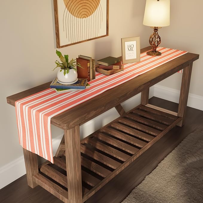 Encasa XO Table Runner, Woven Cotton Dining Runner 13"x94" Franca Orange Stripes - Image 2