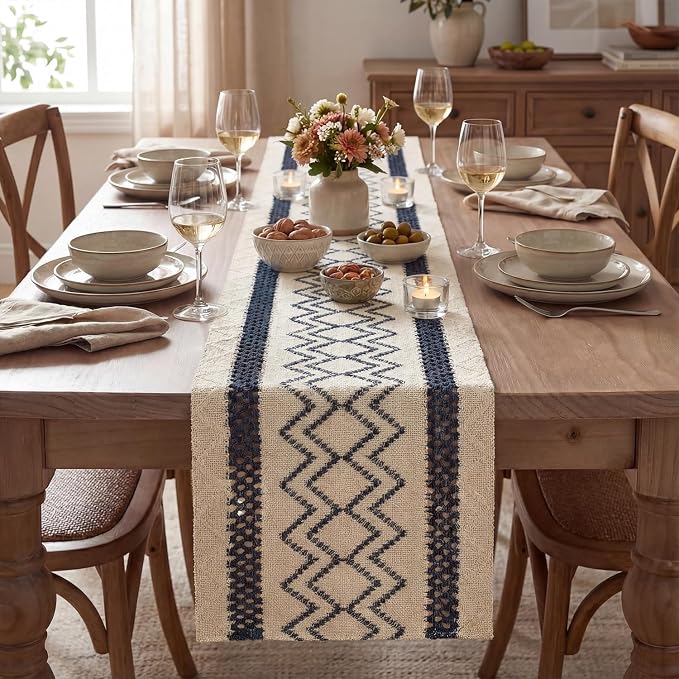 Artoid Mode Dark Blue Stripe Diamond Woven Table Runner 12x48 Inch | Holiday - Image 2