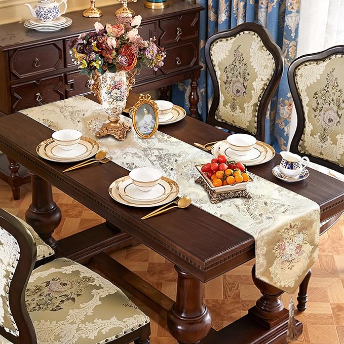 Luxury Damask Table Runner 72 Inches Long Beige Chenille Jacquard European | - Image 7