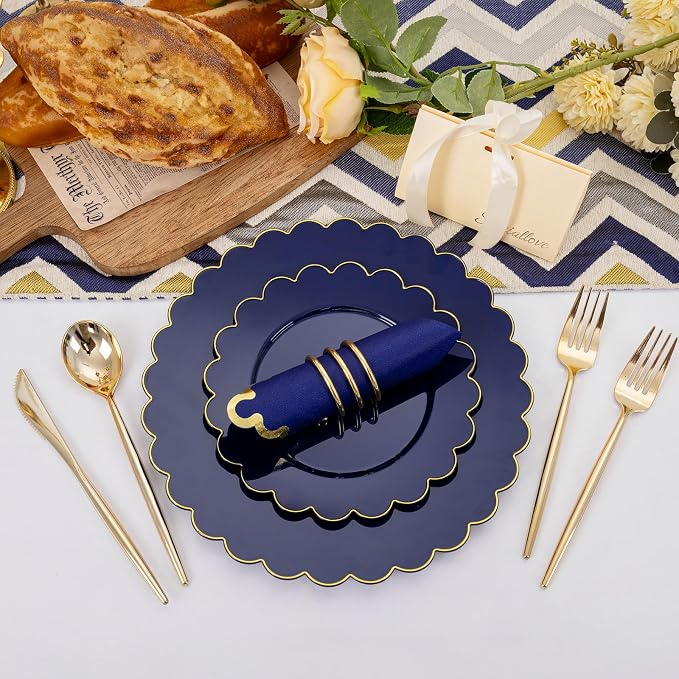 LIYH 210pcs Navy Blue & Gold Scalloped Plastic Plates, Premium Dinnerware | - Image 3
