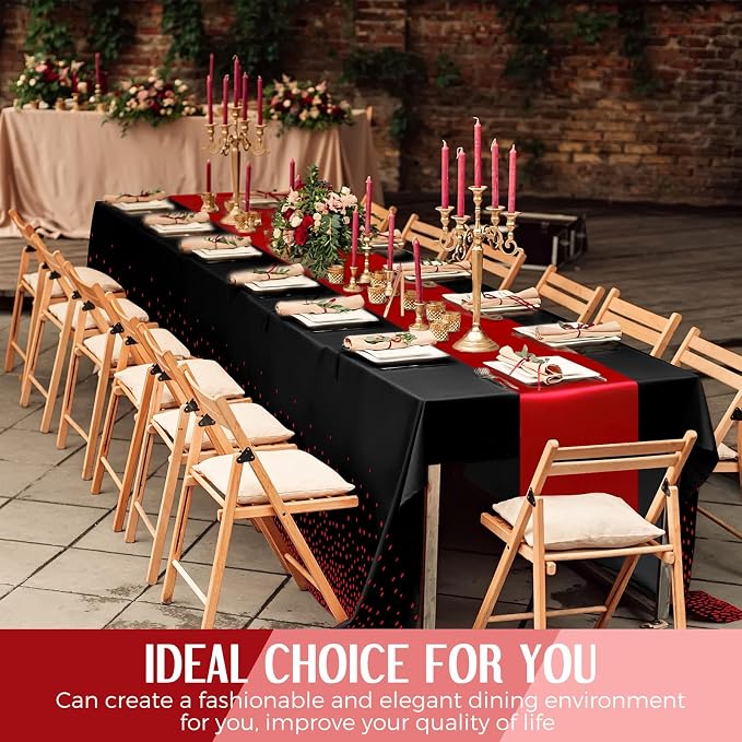 8 Pack Black and Red Disposable Plastic Tablecloths and Satin Table Runner Set - Image 7