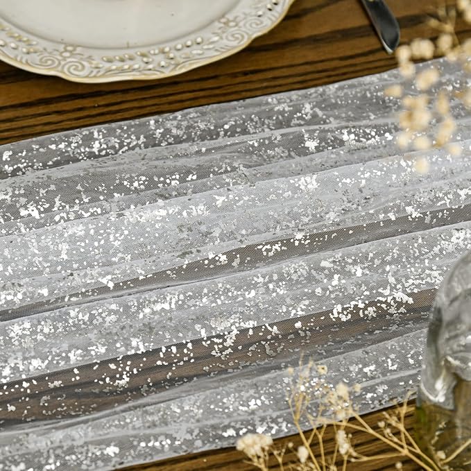 Artoid Mode White Silver Gauze Table Runner 120 Inch 10FT, Glitter Metallic - Image 3