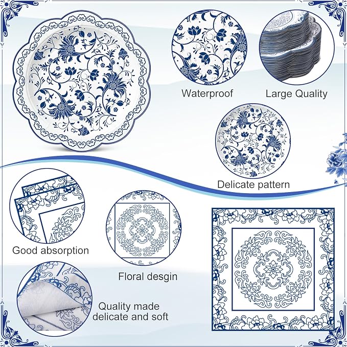 Pickmesh 250 Pcs Chinoiserie Party Supplies Decorations Blue and White - Image 3