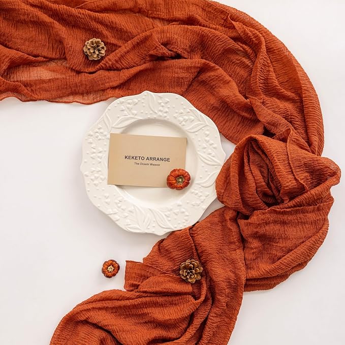 3Pcs Fall Terracotta Cheesecloth Table Runner 120 Inch Party Home Decor | - Image 3