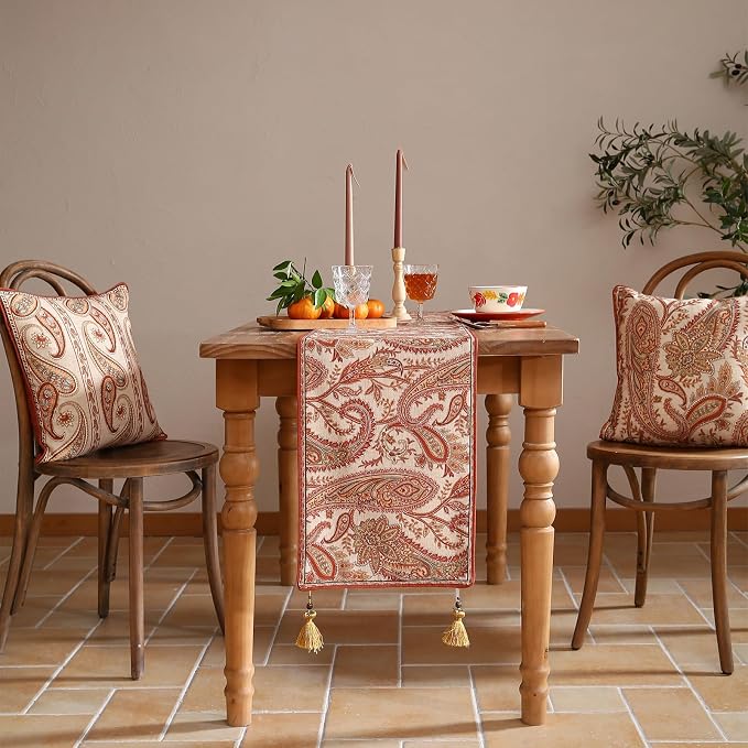 Designer French Linen Long Table Runner, Cashew Pattern, Dining Table, Kitchen - Image 2
