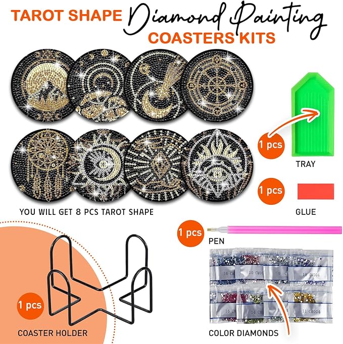 8 pcs Diamond Painting Coasters | Diamond Art Coasters | Tarot Diamond Art - Image 3