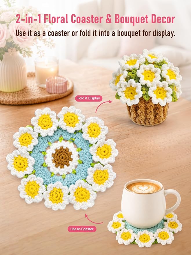 Crochet Flower Bouquet Coasters, Cotton Daisy Gift - Image 6