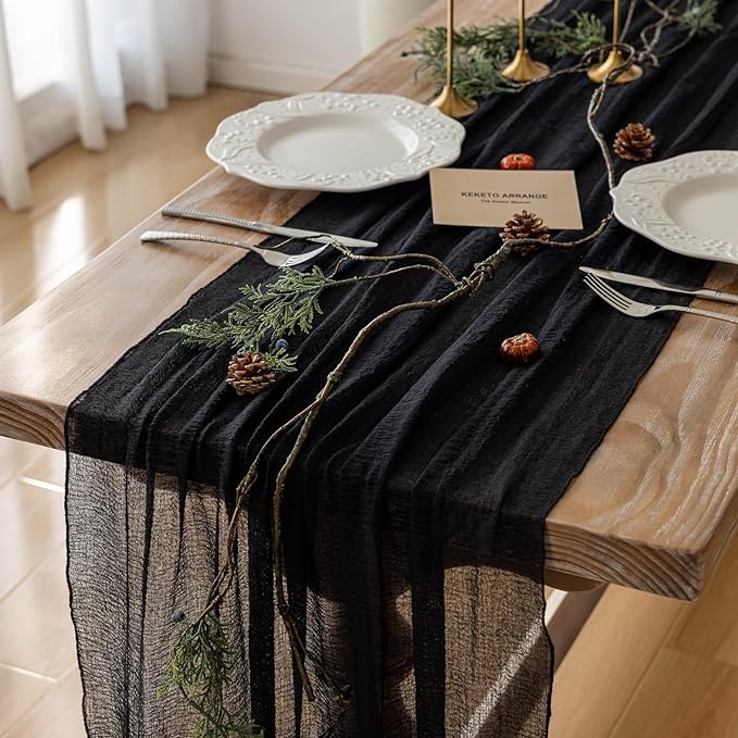 3Pcs Halloween Holiday Black Cheesecloth Table Runner 120 Inch by KEKETOARRANGE