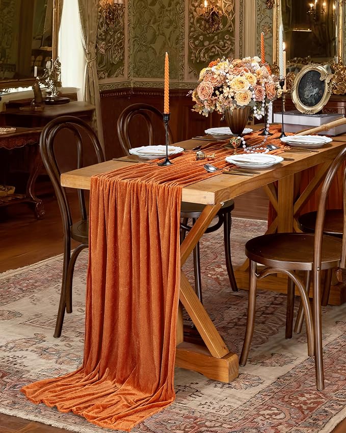 Orange Velvet Table Runner 29 x 120 Inches Fall Halloween Runners | 5 Pieces - Image 4