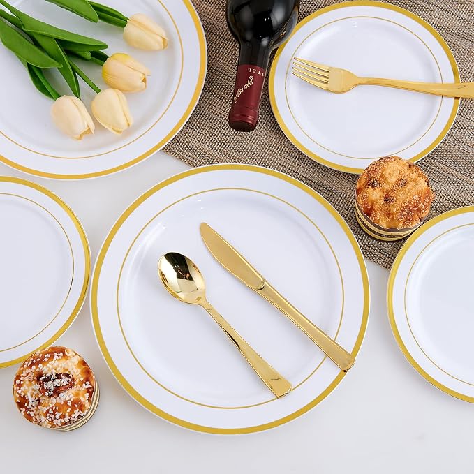 25 Guests Plastic Plates Set Gold Disposable Dinnerware Set | Include 25 Pc 10" - Image 5