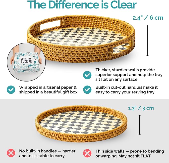 JUNGLE CULTURE Round Rattan Tray Mother of Pearl Inlay • Cascade Light 12” | - Image 9
