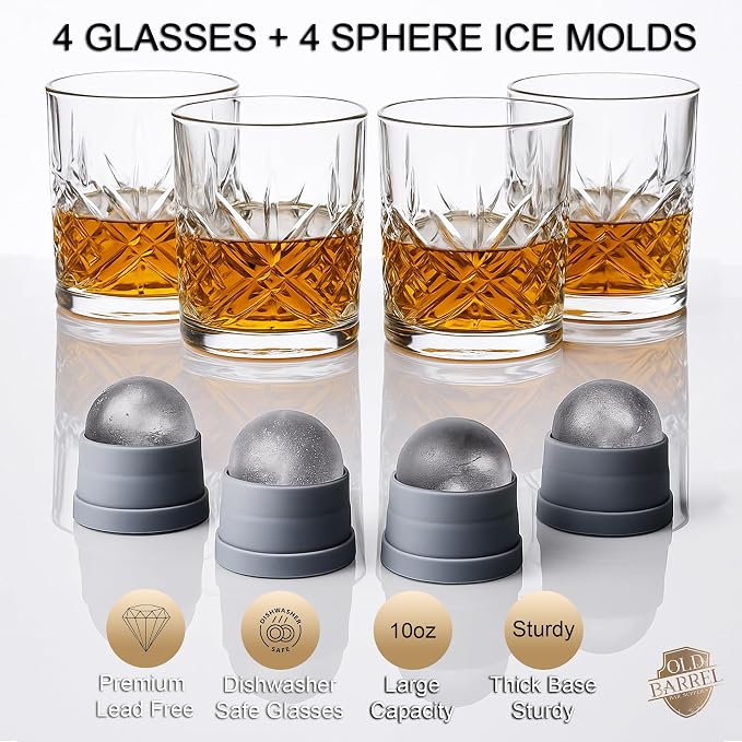 OLD BARREL Whiskey Glasses Set of 4 Glasses 4 Ice Molds, 10oz Bourbon Gift - Image 2