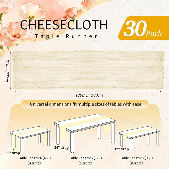 30 Pack Cheesecloth Table Runner 10FT Beige Table Runner Boho Gauze Cheese - Image 2