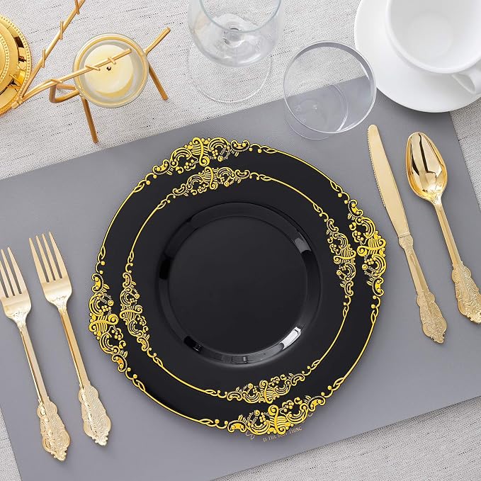 175 Pcs Black Gold Plates for Graduation | Black Party Plates Set for 25 Guests - Image 3